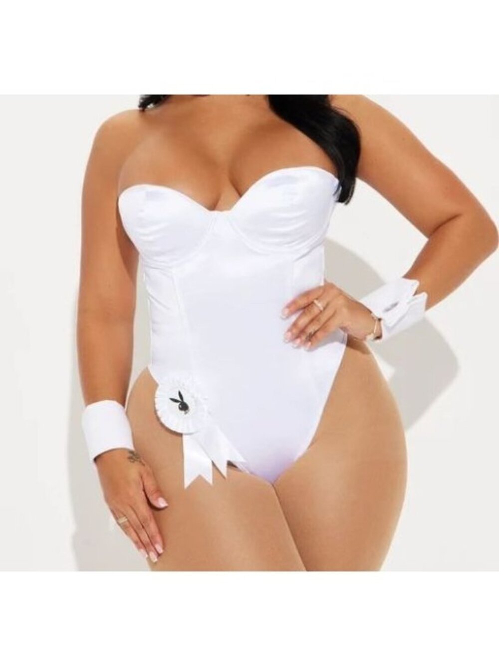 Fashion Nova White Satin Bunny Costume 2 Piece Set Womens S/M NWT Halloween